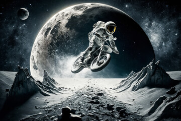 An image of person riding motorcycle on the moon. Generative AI.