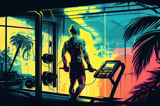Watercolor Illustration of a Modern Gym, Neon Illuminated, Futuristic, Cardio And Strength Training. Generative AI
