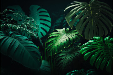 Tropical plants in the dark with green leaves. Generative AI.