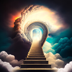 Stairway leading to an open door in the clouds. Generative AI.