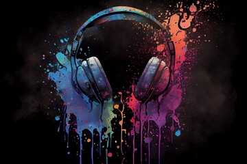 Watercolor Illustration of a Headphones With Colorful Paint Splashes On Black Background. Generative AI