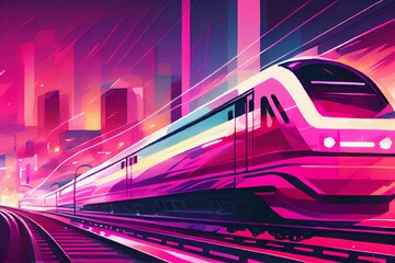 Fototapeta na wymiar Watercolor Illustration of a HighSpeed Train Rushing At Night Through A Modern City In A Business District, Neon Blur Pink Color Style. Generative AI