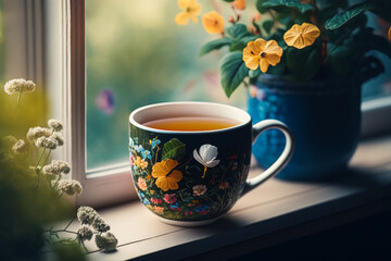 Cup of tea sitting on window sill next to flowers. Generative AI.