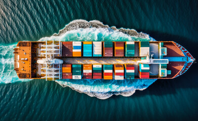 An aerial view of container ship in the ocean. Generative AI.
