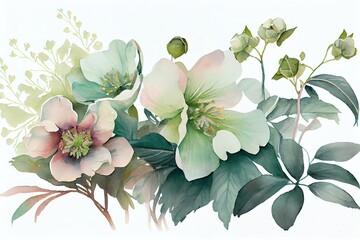 Naklejka premium Watercolor Illustration of a Floral Nature Banner With Hellebore Flowers Growing In Morning Haze. Generative AI