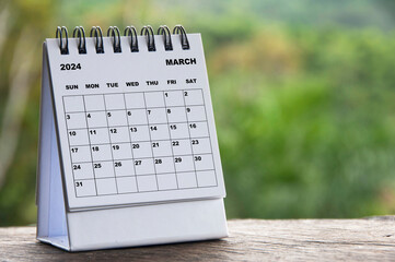 2024 March month calendar with blurred nature background. Copy space and new month concept