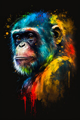Image of chimpan on black background. Generative AI.