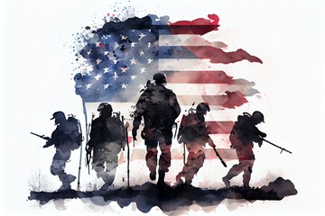 Watercolor Illustration of a Conceptual Us Flag With American Soldiers Silhouette. Generative AI
