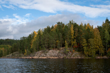 Lake Ladoga near the village Lumivaara on a sunny autumn day, Ladoga skerries, Republic of Karelia, Russia