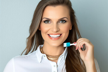 mulher com super sorrido e dentes brancos segurando escova de dente, conceito de saúde bocal 