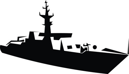 Black and White Cartoon Illustration Vector of Navy Ship