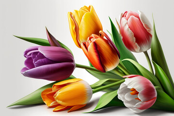 Obraz premium Colorful tulips realistic, white background, Generative AI