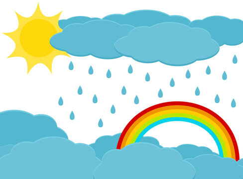 Sky with sun, cloud, rain and rainbow. Cartoon rainy sky background.