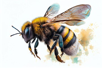 Watercolor Illustration of a A Stunning Bee Is Flying, Isolated On White Background, Macro, Incredible Pollinator. Generative AI