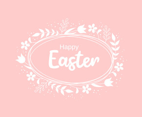 Easter greeting card. White frame of flowers and leaves with typography inside on a pastel pink background. Flat vector illustration