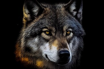 Watercolor Illustration of a Wolf Head Portrait Close Up Image Of A Dark Wolf Showing The Beautiful Yellow Eyes, On Black Background. Generative AI