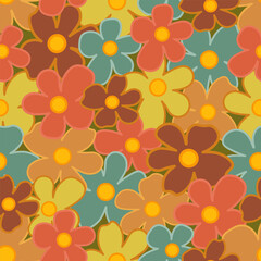 70s Retro Seamless Pattern With Stylized Flowers. 60s and 70s Retro style and Aesthetic. Colorful retro design. Seamless Flowers vintage background, vector illustration