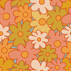 Fototapeta na wymiar 70s Retro Seamless Pattern With Stylized Flowers. 60s and 70s Retro style and Aesthetic. Colorful retro design. Seamless Flowers vintage background, vector illustration