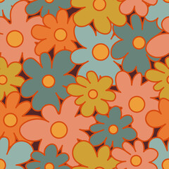 70s Retro Seamless Pattern With Stylized Flowers. 60s and 70s Retro style and Aesthetic. Colorful retro design. Seamless Flowers vintage background, vector illustration