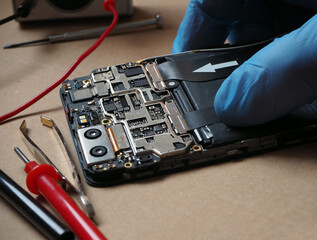 Smartphone parts and tools for recovery. Cell phone circuit board. Technician repair or cleaning...