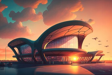 Airport at sunset, generative AI