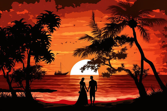 silhueta de casal rômantico em por do sol no mar 