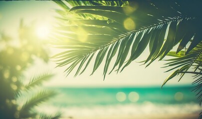 Fototapeta na wymiar a blurry photo of a beach with a palm tree. generative ai