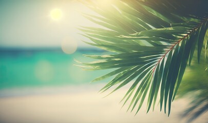 Obraz na płótnie Canvas a close up of a palm leaf on a beach with the sun in the background. generative ai