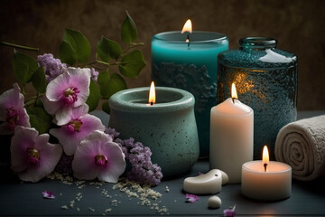spa decorado com flores e velas. Aroma e saúde 
