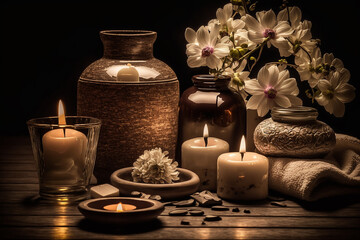 Fototapeta na wymiar spa decorado com flores e velas. Aroma e saúde 
