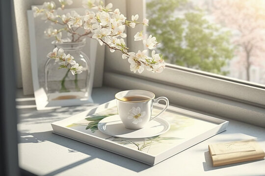 chicara de café em decoração da manha em frente a luz de janela 