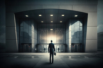 Fototapeta na wymiar Successful man in business suit stands in front of entrance to an office building. Concept of success in life. Created with Generative AI