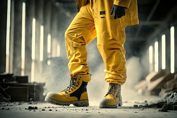 Worker wearing protective shoes at construction site. Working safety boots for protection accident in factory. Created with Generative AI