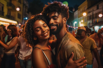 A young, dark-skinned Latin man and woman dance joyfully in the street during a Brazilian cultural celebration. Street Carnival scene.