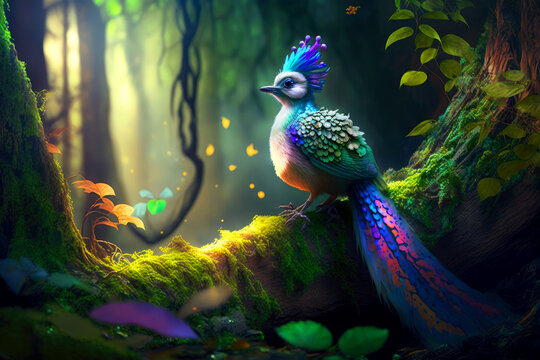 Fantasy bird in fairy tale deep forest, magical environment, Generative AI