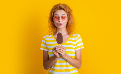 hungry girl with icecream on background. photo of girl with icecream at summer.