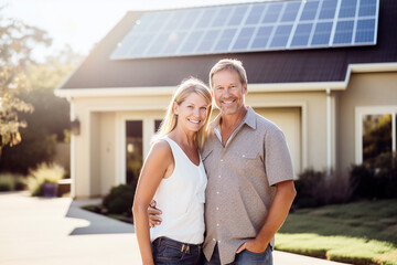 Smiling couple standing in the driveway of a large house with solar panels installed - ai generative - obrazy, fototapety, plakaty