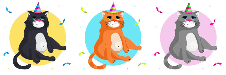Set of cartoon funny cats. Sad fat cats. Cat's birthday. Birthday gift card with black, red and gray cat