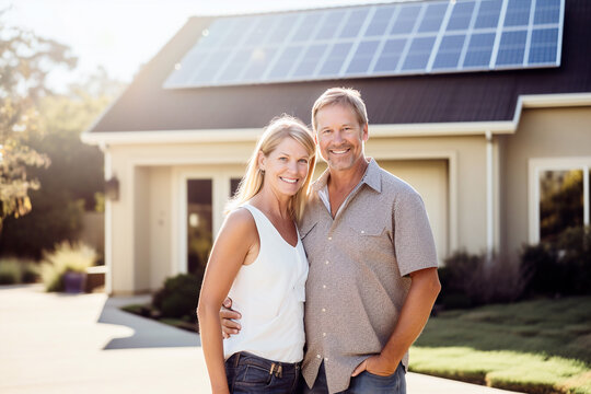 Smiling couple standing in the driveway of a large house with solar panels installed - ai generative
