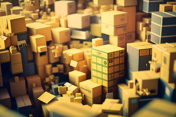 A chaotic jumble of cardboard boxes, stacked haphazardly to the ceiling - obrazy, fototapety, plakaty