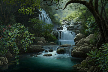 Waterfall in the jungle Generative AI