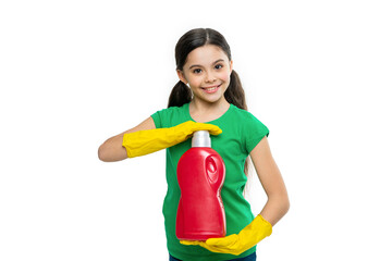girl with laundry detergent isolated on white, presenting product. girl with laundry detergent