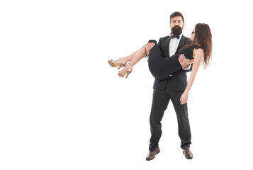 Love from first sight. Wedding party. Couple in love having fun. Happy wife and husband in love. Sincere love. Carry on hands. Sexy girl enjoy attention. Man well groomed guy in tuxedo carry woman