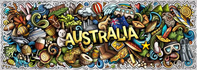 Vector illustration with Australia theme doodles. Vibrant and eye-catching banner design, capturing the essence of Australian culture and traditions through playful cartoon symbols - obrazy, fototapety, plakaty
