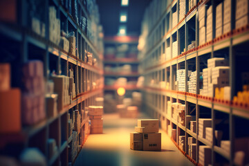 A quiet warehouse with rows of empty shelves and boxes waiting to be stocked