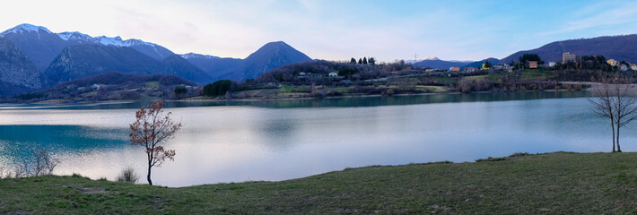 lake and mountains, Castel San Vincenzo, Abruzzo Lazio Molise national park, sunset - 582228280