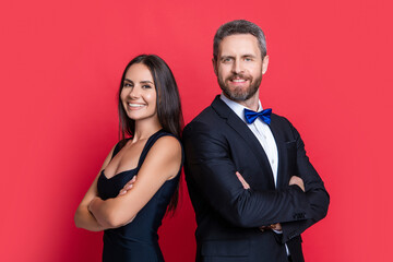 happy formalwear couple in studio. formalwear couple on background.