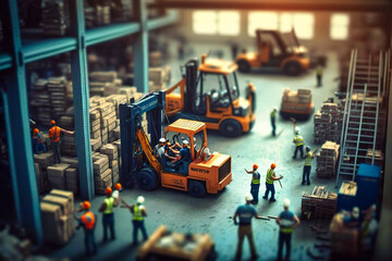 Workers skillfully maneuvering forklifts around the crowded warehouse