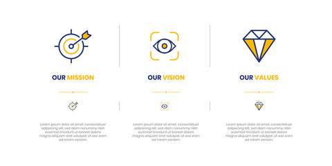 Mission, Vision and Values of company with text. Company infographic Banner template. Modern flat icon design.