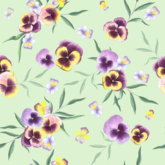 Watercolor background with pansies..Flowers on a green background. Seamless pattern for the design of textiles, paper, plastic.